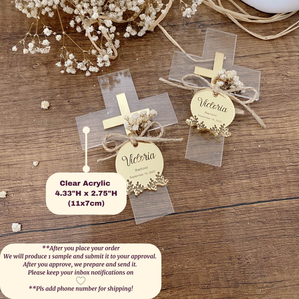 Personalized Acrylic Cross Baptism Favors with Mirror Tag & Dried Flowers – Gold, Silver, Rose Options Personalized Acrylic Cross Baptism Favors with Mirror Tag & Dried Flowers – Gold, Silver, Rose Options