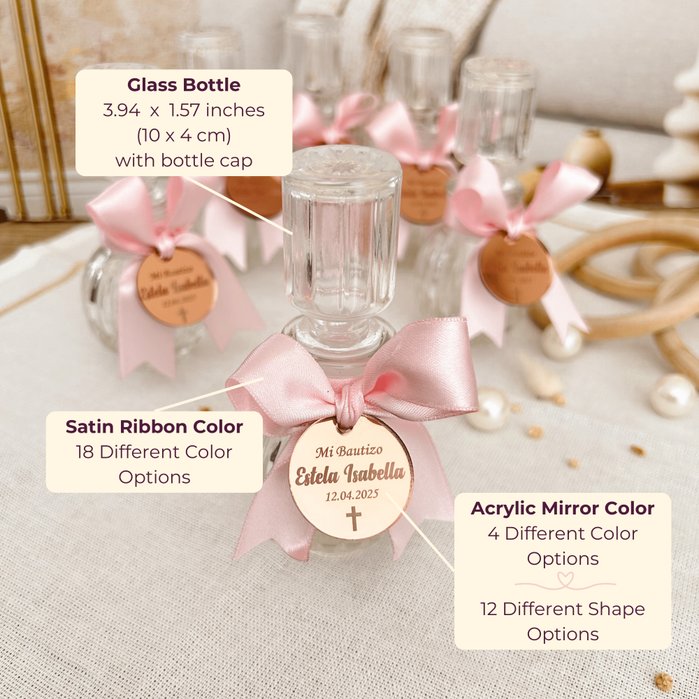 Personalized Glass Holy Water Bottle with Mirror Tag & Ribbon – Baptism Favors, Customizable, Set of 12 Personalized Glass Holy Water Bottle with Mirror Tag & Ribbon – Baptism Favors, Customizable, Set of 12