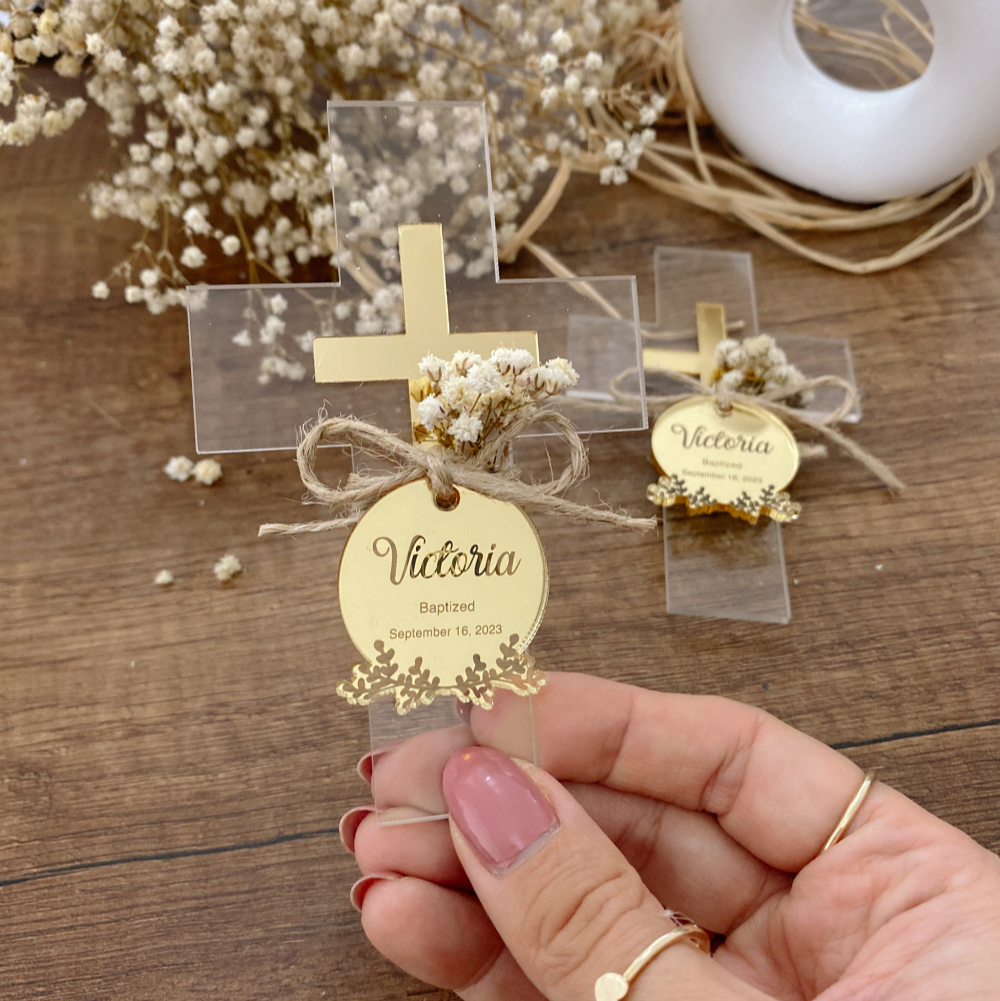 Personalized Acrylic Cross Baptism Favors with Mirror Tag & Dried Flowers – Gold, Silver, Rose Options Personalized Acrylic Cross Baptism Favors with Mirror Tag & Dried Flowers – Gold, Silver, Rose Options