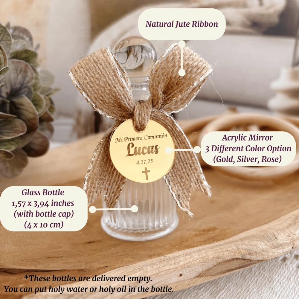 Personalized Holy Water Bottle with Acrylic Tag and Natural Jute Ribbon – Baptism or First Communion Favor Personalized Holy Water Bottle with Acrylic Tag and Natural Jute Ribbon – Baptism or First Communion Favor