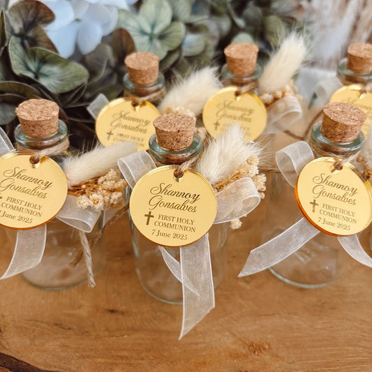 Personalized Holy Water Favor Bottle – Custom Glass Gift with Tag and Dried Flowers for Baptism, Christening, or First Communion