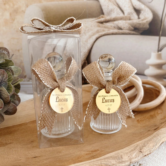 Personalized Holy Water Bottle with Acrylic Tag and Natural Jute Ribbon – Baptism or First Communion Favor