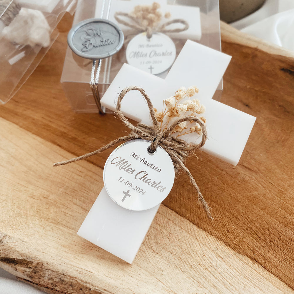 Personalized Acrylic Cross Magnet – Elegant Baptism Favor with Custom Tag & Dried Flowers Personalized Acrylic Cross Magnet – Elegant Baptism Favor with Custom Tag & Dried Flowers