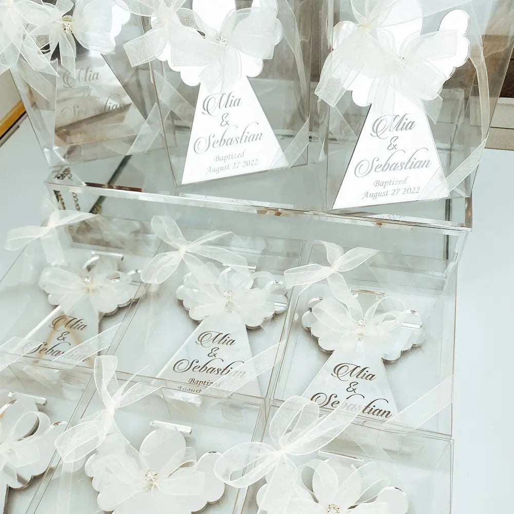 Personalized Angel Baptism Favors – Acrylic Mirror Magnet with Ribbon & Custom Engraving Personalized Angel Baptism Favors – Acrylic Mirror Magnet with Ribbon & Custom Engraving