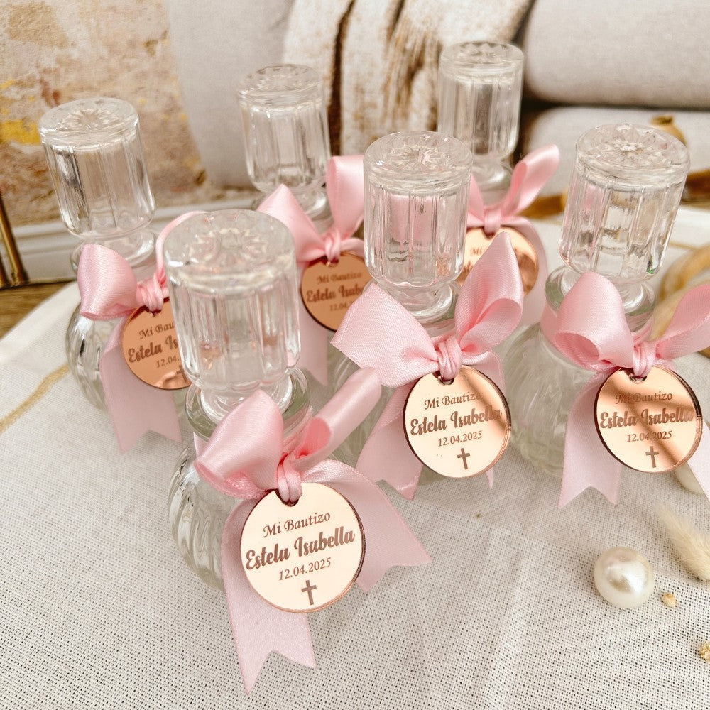 Personalized Glass Holy Water Bottle with Mirror Tag & Ribbon – Baptism Favors, Customizable, Set of 12