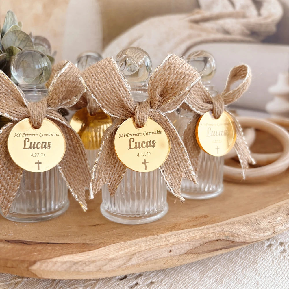Personalized Holy Water Bottle with Acrylic Tag and Natural Jute Ribbon – Baptism or First Communion Favor