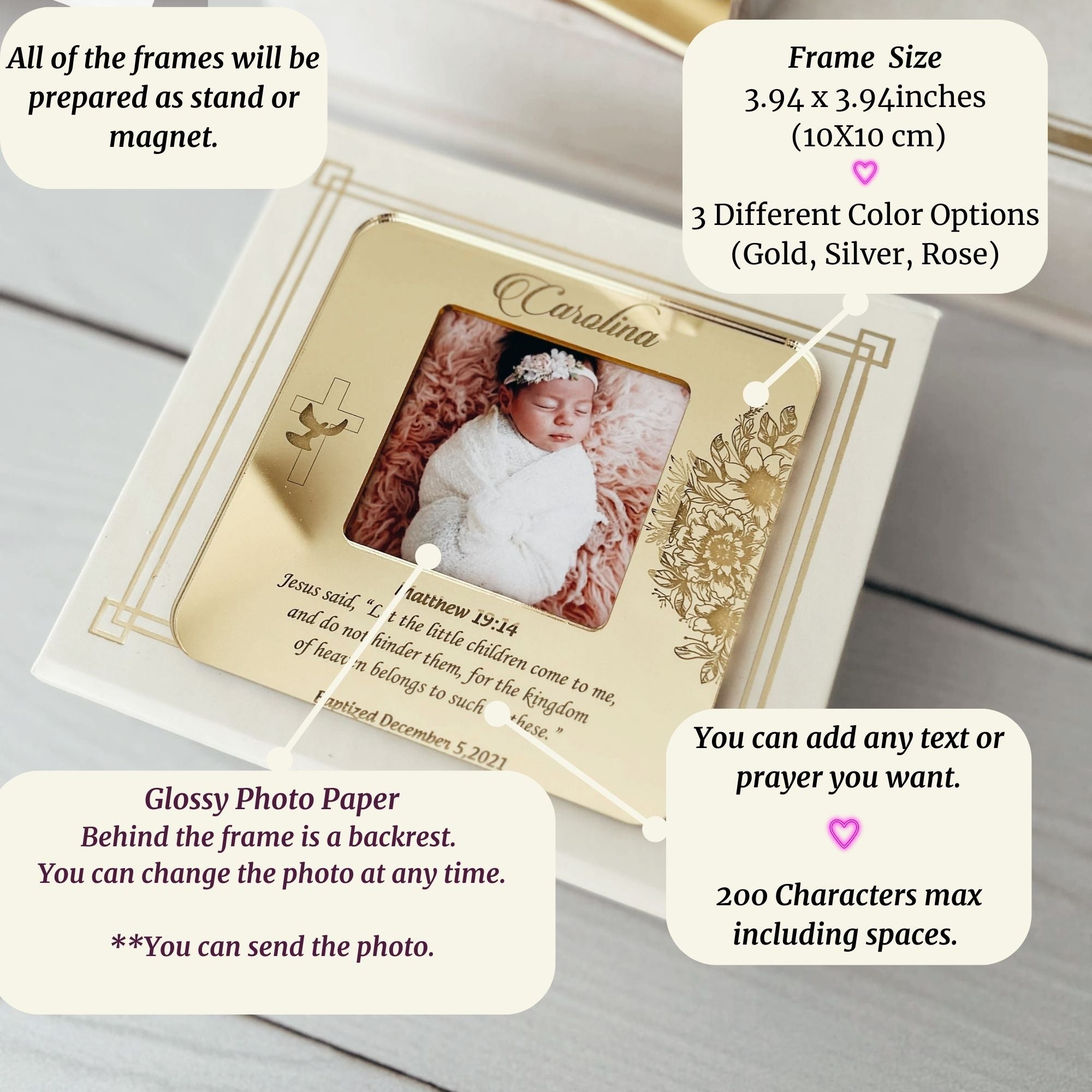 Personalisierter Taufspiegel Acrylrahmen mit Ständer Neu