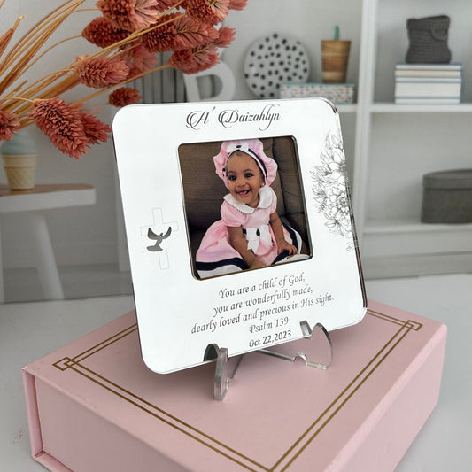 Personalized Baptism Mirror Frame Favors – Custom Photo Christening Keepsake with Stand, Baptism Gift for Guests