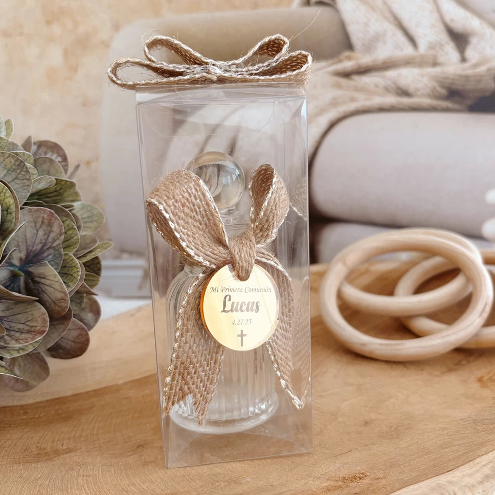 Personalized Holy Water Bottle with Acrylic Tag and Natural Jute Ribbon – Baptism or First Communion Favor